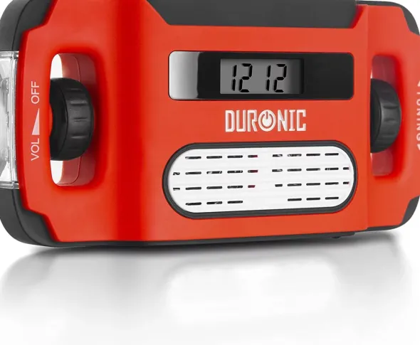Duronic APEX Radio pogodowe z wyświetlaczem i latarką | zasilane solarnie dynamo lub USB | przenośne radio turystyczne na korbkę solarne z zegarem |..
