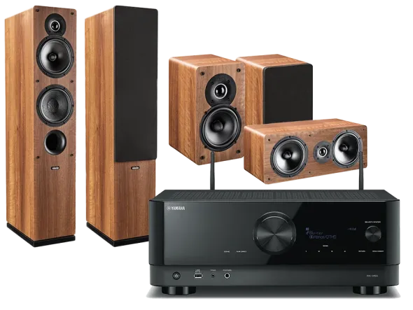 Kino domowe Yamaha RX-V6A (czarny) + Tesi 561 (orzech) + Tesi 241 (orzech) + Tesi 761 (orzech)