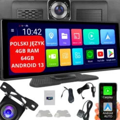 RADIO STACJA MULTIMEDIALNA EKRAN MONITOR CARPLAY ANDROID AUTO MIRROR LINK ANDROID 13 WIDEOREJESTRATOR DVR NA TAPICERKĘ DESKĘ ROZDZIELCZĄ KAMERA COFA..