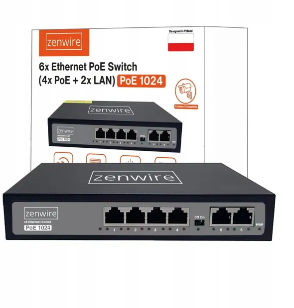 Switch Zasilacz Rozdzielacz POE LAN 8 Portów 6 Ethernet RJ45 100Mbps Kamer 5904507521707