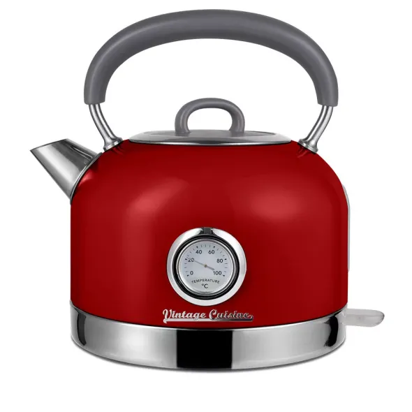Zestaw melomana: retro radio chrom z głośnikiem Bluetooth i retro czajnik elektryczny z termometrem Vintage Cuisine - czerwony